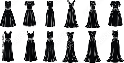 Set of black female dress silhouettes in various elegant styles including evening gowns wedding dresses and formal fashion wear