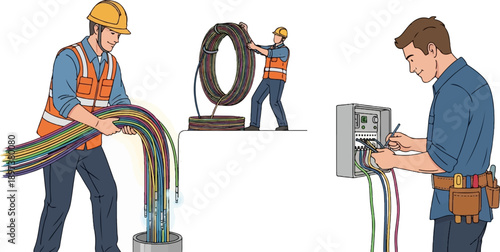 Workers installing fiber optic cables, unreeling from the spool, and connecting wires to a network box