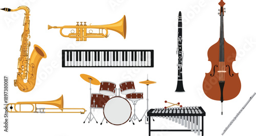 A collection of musical instruments arranged on a white background, viewed from a straightforward perspective, showcasing various elements.