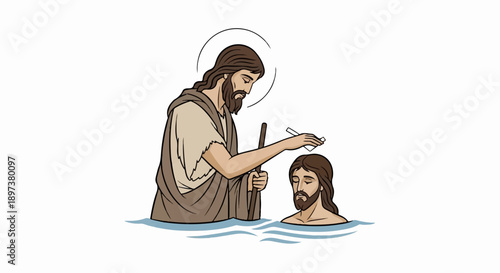 Stylized illustration of two bearded men in water; one with a halo pours water on the other's head