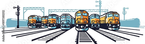 An illustration of multiple orange and blue diesel trains on parallel tracks, with signals and structures