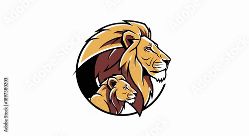 Stylized illustration of an adult lion and a cub in profile, within a circular design on a white background