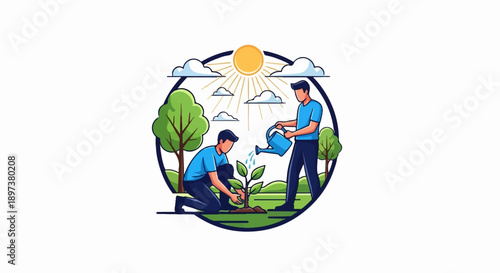 Two men planting a tree one kneeling to plant, another watering, set against a sunny sky