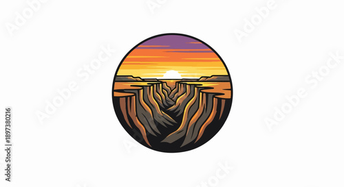 Stylized desert canyon landscape illustration at sunset, enclosed in an oval shape, pixel art style