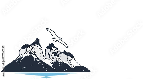 Stylized illustration of majestic snow-capped mountains over water, with an eagle soaring above