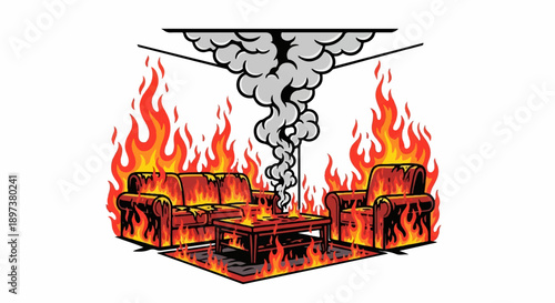 Stylized cartoon of a room interior with a sofa, chair, and table on fire, creating rising smoke