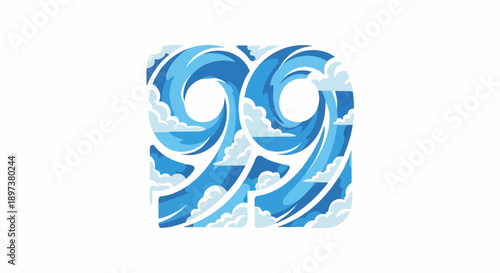 The number 99 is stylized with flowing blue wave patterns and fluffy white clouds on a clean background