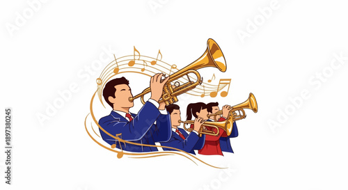Illustration of a band of musicians playing brass trumpets with musical notes swirling around them