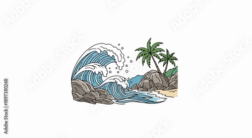 Stylized ocean waves crashing on a rocky tropical beach with palm trees and sand, vibrant illustration