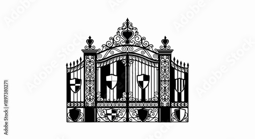 An ornate, black and white illustration of a grand wrought-iron gate adorned with various heraldic shields