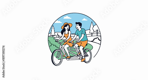 Illustration of a happy couple riding a tandem bicycle in a scenic park with trees and clouds