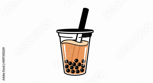 Illustration of a clear cup with brown drink, black tapioca pearls, a lid, and a wide black straw
