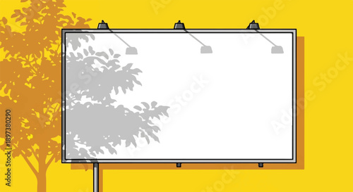 Empty white billboard with spotlights, framed by tree shadows on a vibrant yellow background