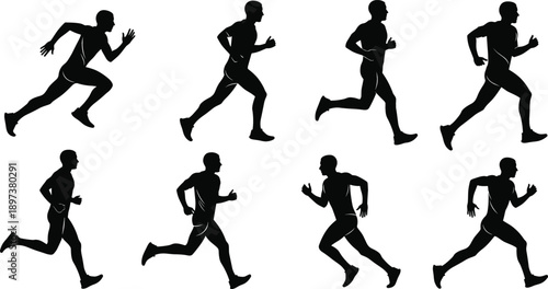 Set of black male runner silhouettes in various running poses and sprinting motion phases for sports and fitness design