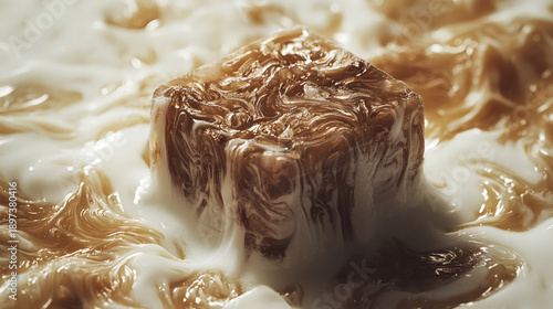 Creamy Swirl of Coffee and Milk with a Block of Ice Cubes