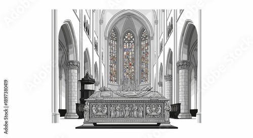 An intricate illustration of a church interior with a tomb, columns, arches, and stained-glass windows