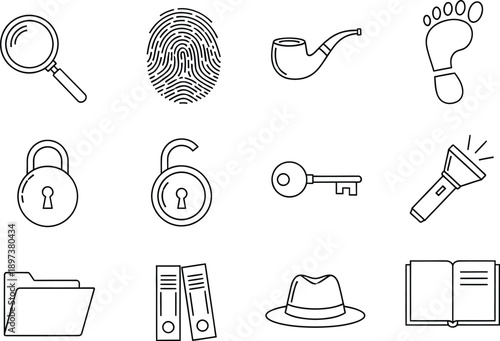 Line art icons collection featuring detective and investigation elements in black and white