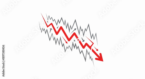 Stylized red downward zigzag graph with arrows over a gray fluctuating line, symbolizing market decline on white