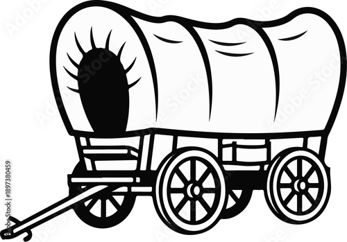 Black and white drawing of a classic covered wagon featuring a rounded canvas top and spoked wheels