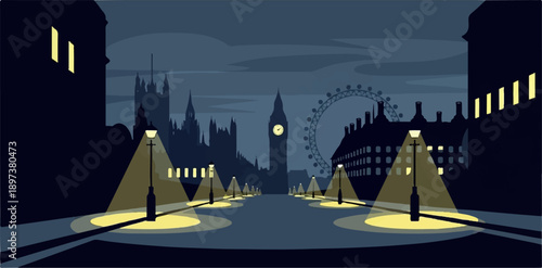 Pixel art night city street with illuminated lampposts leading to famous landmarks under a dark sky