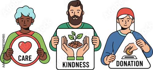 Three diverse people illustrate concepts of care, kindness, and donation with symbolic signs