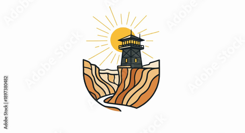 Stylized fire lookout tower on a desert cliff with a winding river below under a radiating sun