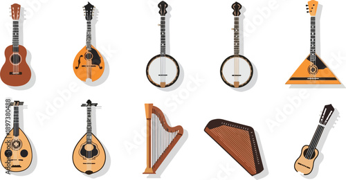 A collection of various stringed musical instruments displayed together in a flat lay