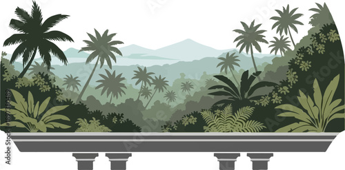 Stylized illustration of a tropical jungle with palm trees and distant mountains above a gray border structure
