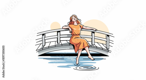 An illustrated woman in an orange dress sits on a bridge, feet in water with ripples, under a warm sun illustration