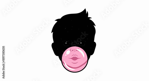 Black silhouette of a head with spiky hair, bright eyes, and a large pink bubble gum covering the lower face