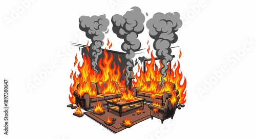 Living room ablaze with intense flames and thick smoke, furniture burning, carpet also on fire
