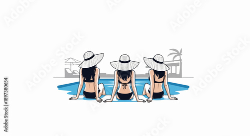 Three women in swimsuits and sun hats sit poolside, backs to viewer, with resort outlines in background