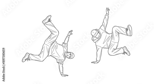 dynamic line art illustration of two athletic male breakdancers performing gravity-defying street dance moves perfect for urban culture.