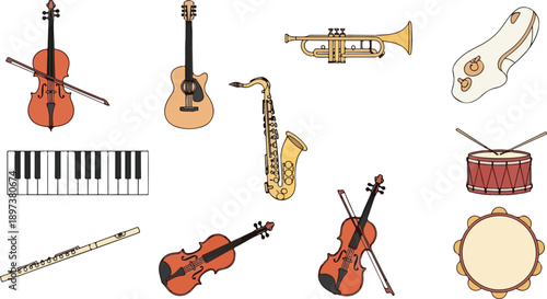 Assorted musical instruments displayed together on a white background in a visually appealing arrangement