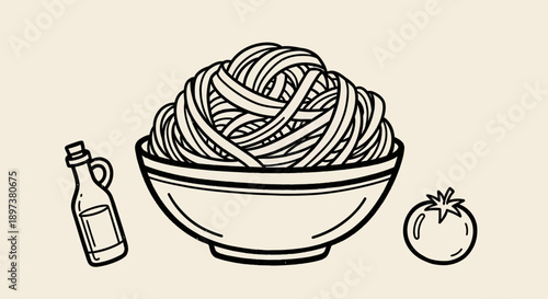 hand drawn spaghetti in a bowl with olive oil bottle and fresh tomato a simple minimalist line art illustration for italian cuisine