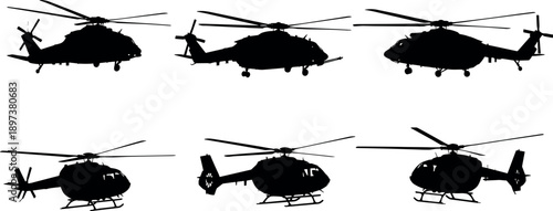 Set of military and civilian helicopter silhouettes including transport and rescue aircraft isolated on white background for aviation design projects.