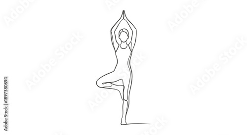 minimalist one line drawing of a person in a yoga tree pose embodying balance wellness and spiritual growth concepts.