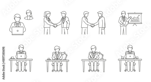 professional line icons illustrate diverse business people working collaborating meeting and presenting for corporate productivity.