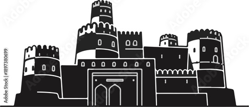 Stylized graphic illustration of an ancient-looking fortress with multiple towering structures and a grand entrance gate