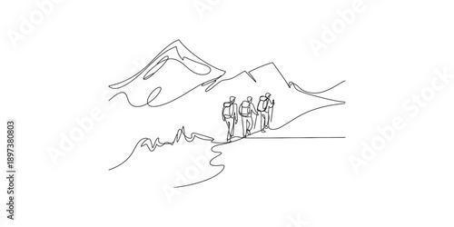 Continuous line drawing of a group of hikers exploring a mountain landscape together Vector, illustration