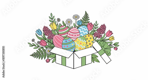 An open gift box overflowing with colorful decorated Easter eggs, vibrant spring flowers, and green foliage