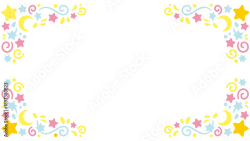 きらきらと輝くような星やポップな紙吹雪の幾何学模様が楽しいフレーム素材です。わくわくする明るい色彩は、パーティーの案内や子供向けのメッセージカードに最適。希望や幸福感あふれるデザインが、大切な言葉を彩ります。