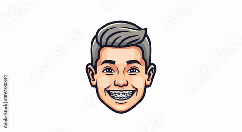 Cartoon illustration of a smiling young person's face with grey hair, dark eyes, and dental braces