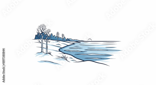 Stylized winter landscape with bare trees, snow, a partially frozen lake, and a sun on the horizon