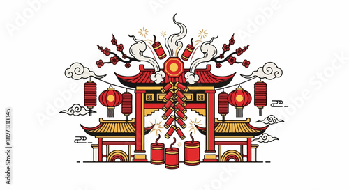 Vibrant illustration of traditional East Asian gateway with hanging lanterns, blooming branches, and festive firecrackers