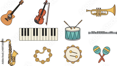 Collection of assorted musical instruments on a clean white background, showcasing various elements of music and instrumentation from different viewpoints.