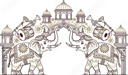 Ornate illustration of two decorated elephants facing each other, with traditional instruments and domes