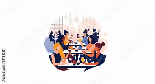 An illustration of diverse women enjoying drinks and conversation in a lively bar or restaurant