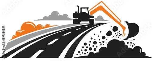 Stylized illustration of an excavator digging beside a road under a cloudy sky, showing construction