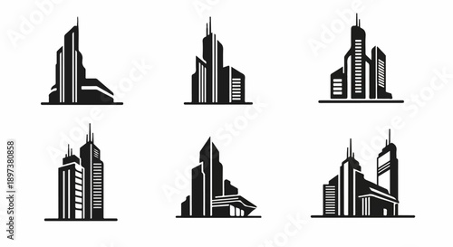 Six stylized black and white abstract illustrations of modern skyscraper designs and urban architecture elements